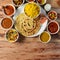 Chicken Maharaja Thali, food platter consists variety of veggies,Chicken meat, lentils,rice, sweet dish, snacks etc., selective
