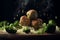 Chicken meatballs with broccoli and rice. Generative AI