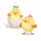 Chicken new born boy and girl chick in hatched egg. Cartoon flat trendy design spring and new born baby