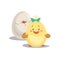 Chicken new born girl with green bow staying front hatched egg. Cartoon flat trendy design spring and new born baby