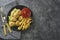 Chicken nuggets with french fried potatoes and ketchup, top view. Fast food