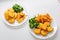 Chicken nuggets with french fries and salad for kids menu