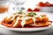 Chicken Parmesan, breaded chicken cutlet with tomato sauce and cheese. Generative AI.