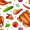 Chicken pattern. Fried delicious food chicken and different spices with vegetables decent vector seamless background