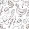 Chicken pattern. Hand drawn art bird. Spring easter background. Graphic eggs, tulips and rooster, prints for package