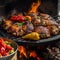 The chicken and peppers are being grilled on a charcoal grill