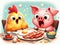 Chicken and Pig enjoying Bacon and Eggs