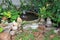 Chicken and pig statues at earthenware Fountain in garden