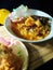 Chicken porridge with Floured fried shrimp