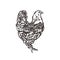 Chicken. Poultry. Bird painted with ink. Label for chicken products. Farming. Livestock raising. Hand drawn.