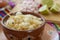 Chicken pozole with radishes, lemons and toast