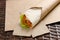 Chicken roll with a onion lettuce on a paper sheet with napkins