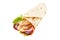 Chicken Roll or Shawarma or Doner isolated on white background. Shawarma tomato, red onion, lettuce and chicken meat. Fast Food,