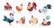 Chicken and rooster. Cute poultry farm characters, cartoon chick with baby chickens isolated. Vector domestic birds set