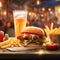 a chicken sandwich with a portion of french fries and a drink blurred restaurant in the background