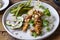 Chicken satay and cucumber salad, rice and green beans