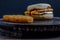 Chicken saussage mcmuffin with egg, and golden brown and crispy, hashbrowns