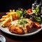 Chicken Schnitzel Parmigiana with Melted Cheese Serenade. Generative AI