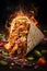 Chicken shawarma flavor of Middle Eastern cuisine close-up. Succulent and juicy texture of the grilled chicken, flames in the
