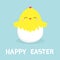 Chicken sitting inside Egg shell. Happy Easter. Cute cartoon funny kawaii baby character. Flat design. Greeting card. Blue pastel