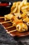 Chicken skewers. Pieces of tender chicken fillet, grilled with sweet onion rings