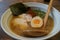 Chicken slide and boild eggs Ramen with fresh vegetable and dried seaweed