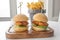 Chicken Sliders with french fries and mayo dip served in a dish isolated on grey background top view