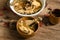 Chicken soup and wooden background