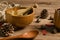 Chicken soup and wooden background