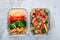 Chicken teriyaki stir fry meal prep containers with broccoli, carrots, rice or soba noodles