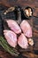 Chicken thigh fillet, Raw Boneless and skinless meat on a cutting board. Wooden background. Top view