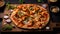 Chicken tikka masala pizza - crispy crust topped with tomato sauce, chicken, and Indian spices