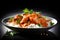 Chicken tikka masala with rice and coriander on black background