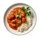 Chicken tikka masala spicy curry meat food with rice in a clay plate isolated on white background, top down view
