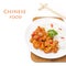 Chicken in tomato sauce with sesame seeds, chili, rice, isolated