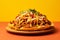 Chicken Tostada tasty fast food street food for take away on yellow background