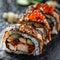 Chicken Uramaki Sushi with Bacon, Processed Cheese, Tomato, Green Onion, Black and White