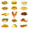 Chicken vector cartoon chick character hen and food chicken-wings with fried potatoes and barbecue meat for dinner