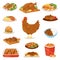 Chicken vector cartoon chick character hen and food chicken-wings with vegetables and barbecue sausage for dinner