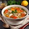 Chicken, vegetable noodle soup in a white plate. A delicious, healthy lunch