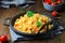 Chicken and Vegetables Bulgur in a Pan over Wooden Background