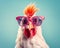 Chicken wearing sunglasses and glasses is a creative animal composition.
