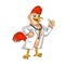 The chicken wears a doctor`s shirt and gives it a thumbs up cartoon illustration