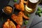 Chicken wings and beer. beer and fried chicken wings on wooden table