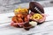Chicken wings, fries and onion rings for football on a table. Great for Bowl Game party