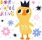 Chickens card. Chicks greeting poster. Newborn bird and flowers. Little yellow animal. Baby shower announce. Children