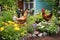 chickens enjoying a vegetable garden in a backyard setting