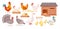 Chickens farm birds isolated set, goose, duck, hen and rooster walking with baby chickens