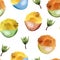 Chickens in multicolored shell watercolor seamless pattern