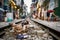 Chickens pecking food on train rails on city street of Hanoi